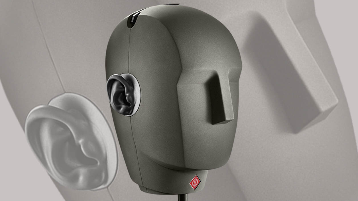 Dummy head for 8D audio. Plastic heads with microphones built into the ears. Neumann, KU-100.