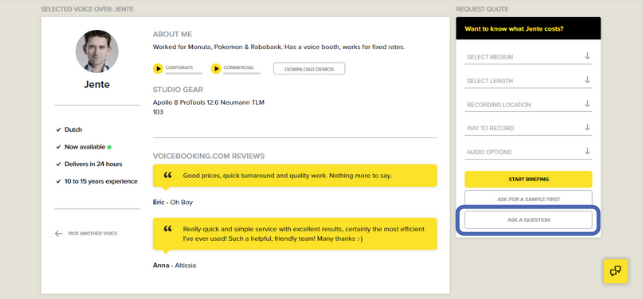 Selecting voice over on voicebooking website and ask a question to voice over feature