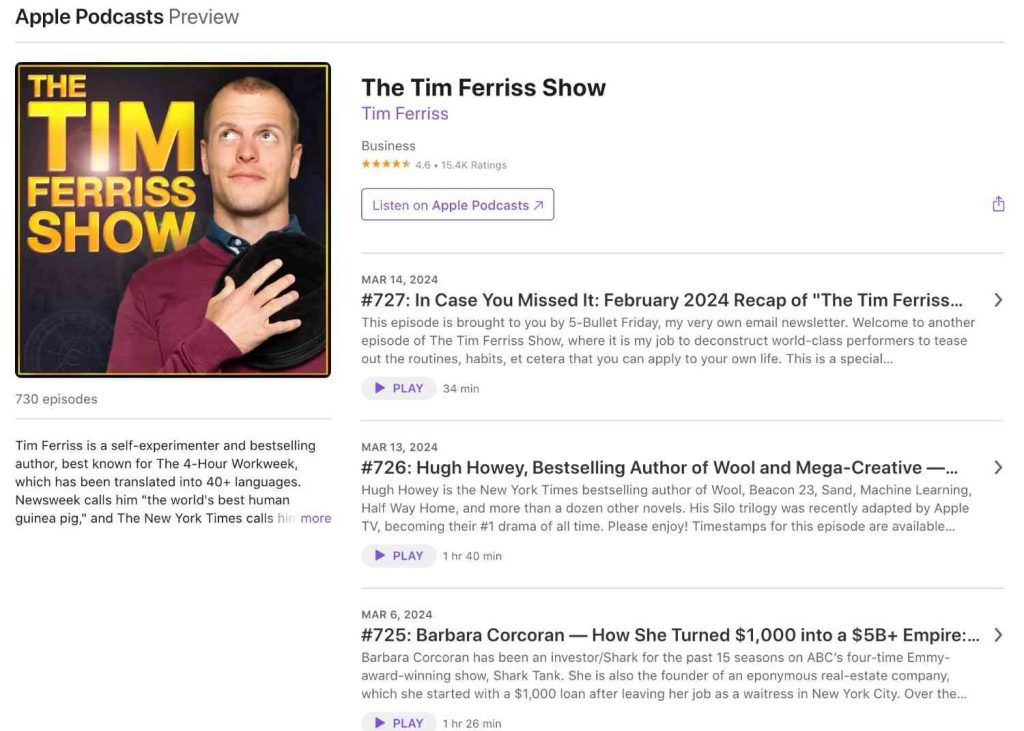 Apple Podcast Preview for the Tim Ferriss Show