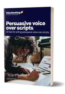 book cover of e-book "persuasive voice over scripts" english with a black girl wearing a headset and writing on something on the cover